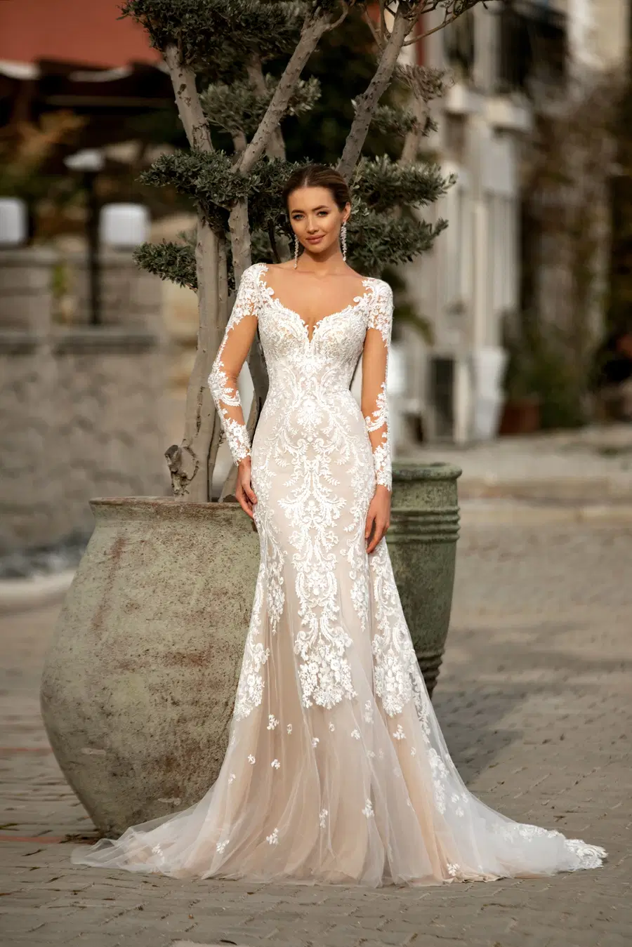 8198 by Monica Loretti: A-Line silhouette, high / halter neckline, sleeveless, lace