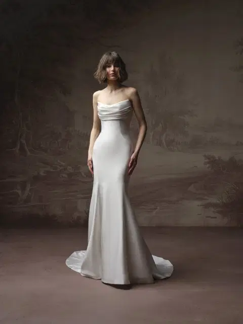Kayla wedding dress by Rebecca Ingram, fit & flare, satin