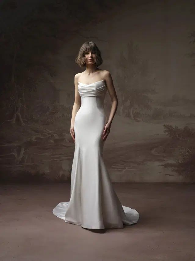 KAYLA by Rebecca Ingram: Fit & Flare silhouette, cat eye neckline, satin