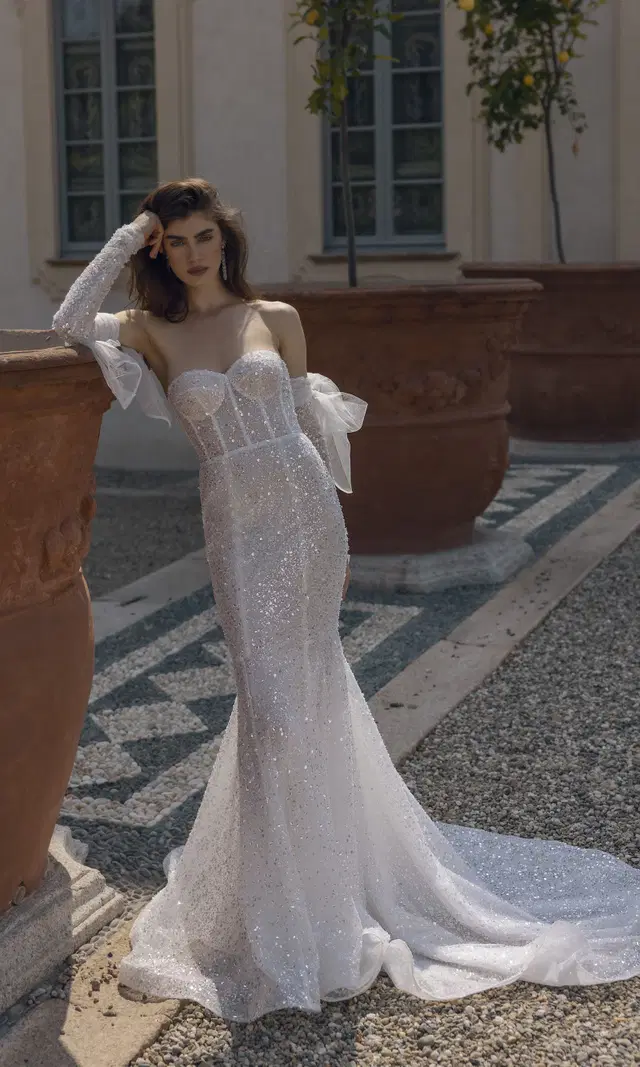 Elisa 24-004(2) by Love by Ricca Sposa: Mermaid silhouette, sweetheart neckline, long sleeves, tulle