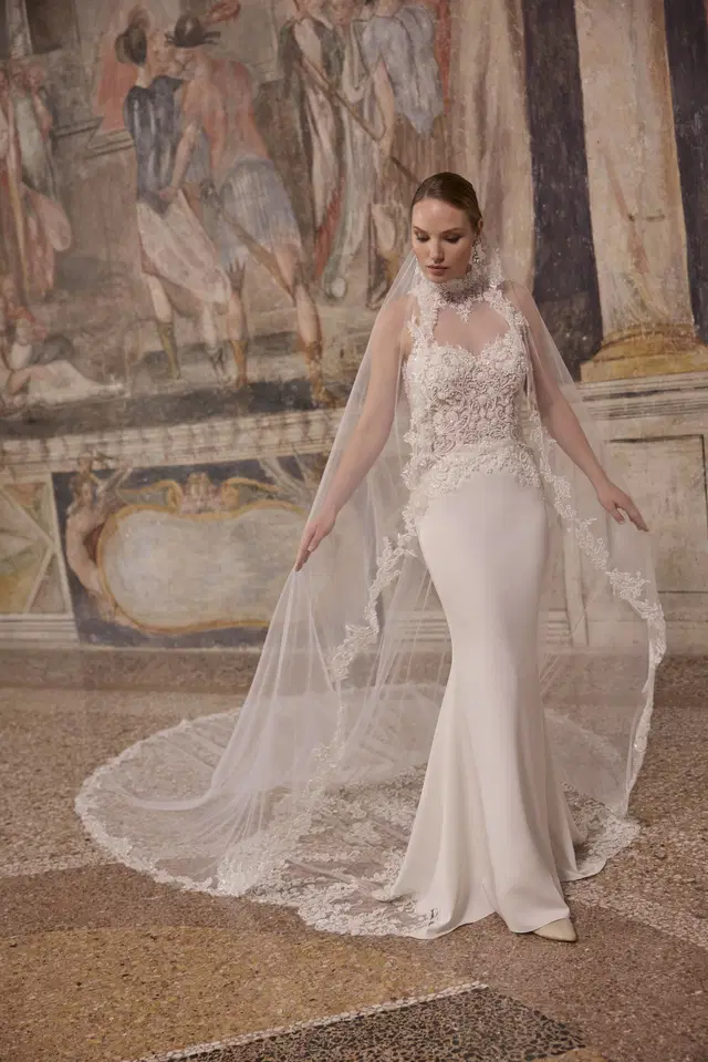 Antonella 63360 by Veni Infantino: Trumpet silhouette, high / halter neckline, sleeveless, lace