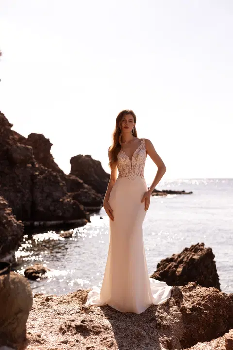Style DR420 wedding dress by Demetrios, mermaid, crepe