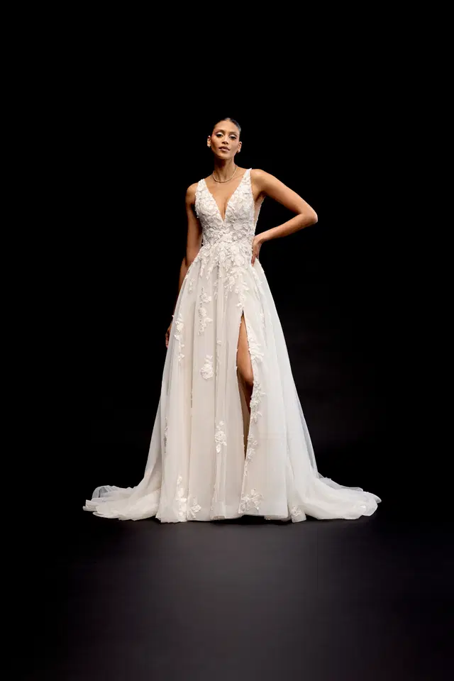 Hesper by Justin Alexander: A-Line silhouette, V-neck neckline, lace