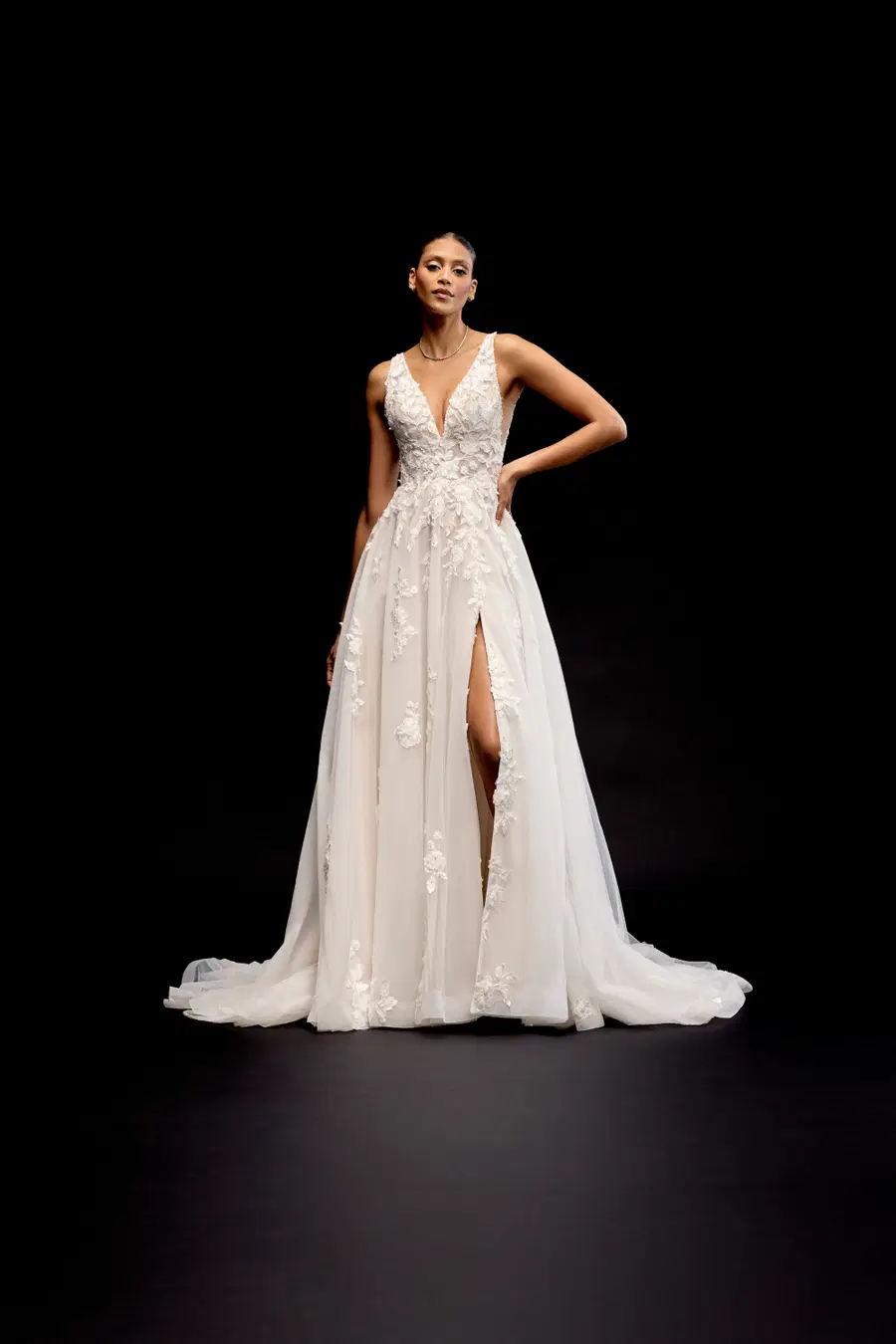 Hesper by Justin Alexander: A-Line silhouette, V-neck neckline, lace