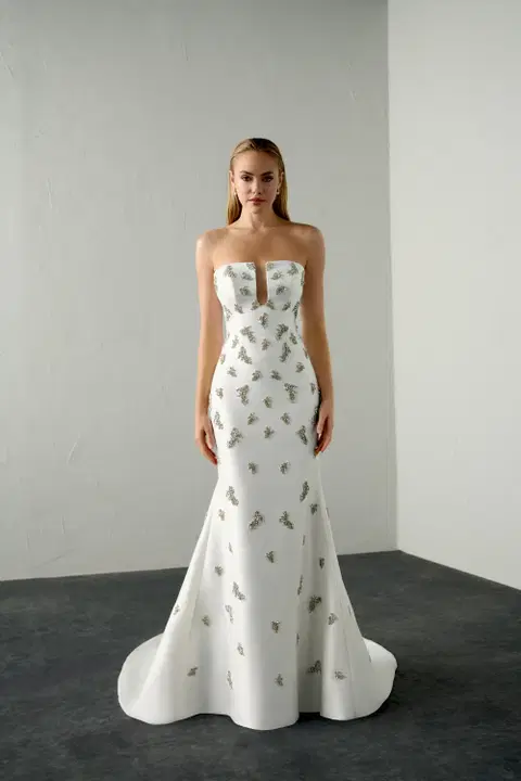 Vice wedding dress by Justin Alexander Signature, trumpet, deep V-neck