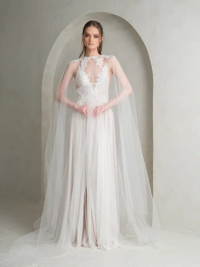 Ophelia +Seraphine Cape by Katya Katya London: Fit & Flare silhouette, V-neck neckline, sleeveless, lace