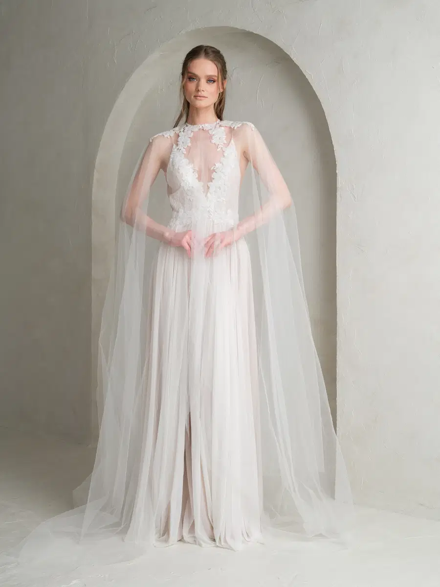 Ophelia +Seraphine Cape by Katya Katya London: Fit & Flare silhouette, V-neck neckline, sleeveless, lace