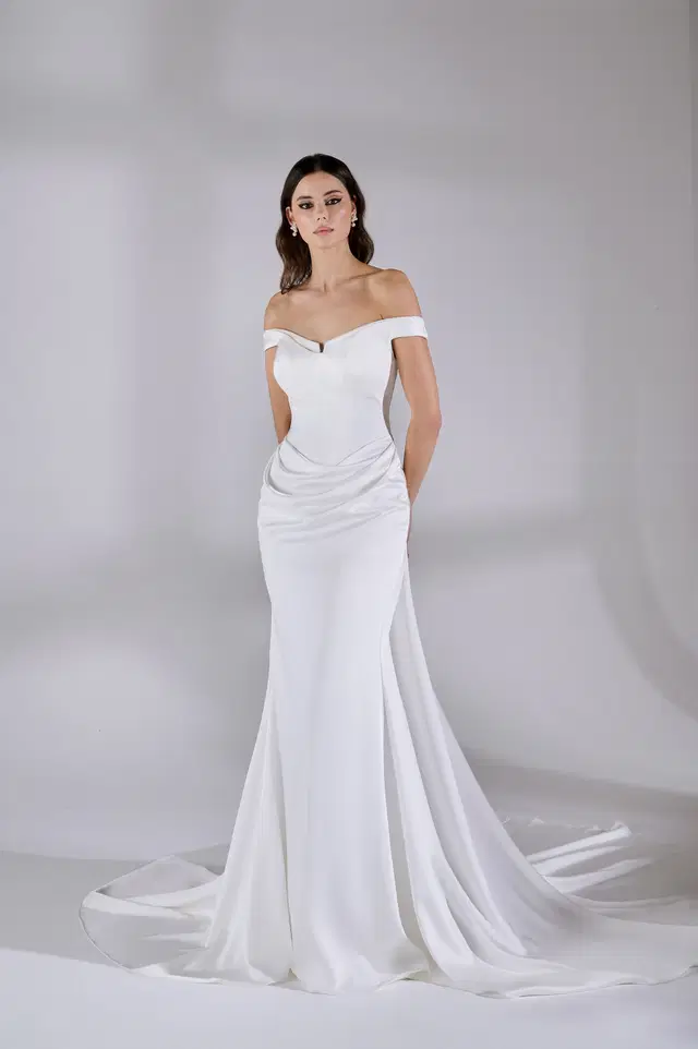 Vienna by Avenue by Josephine Scott: Trumpet silhouette, off-shoulder neckline, sleeveless, satin