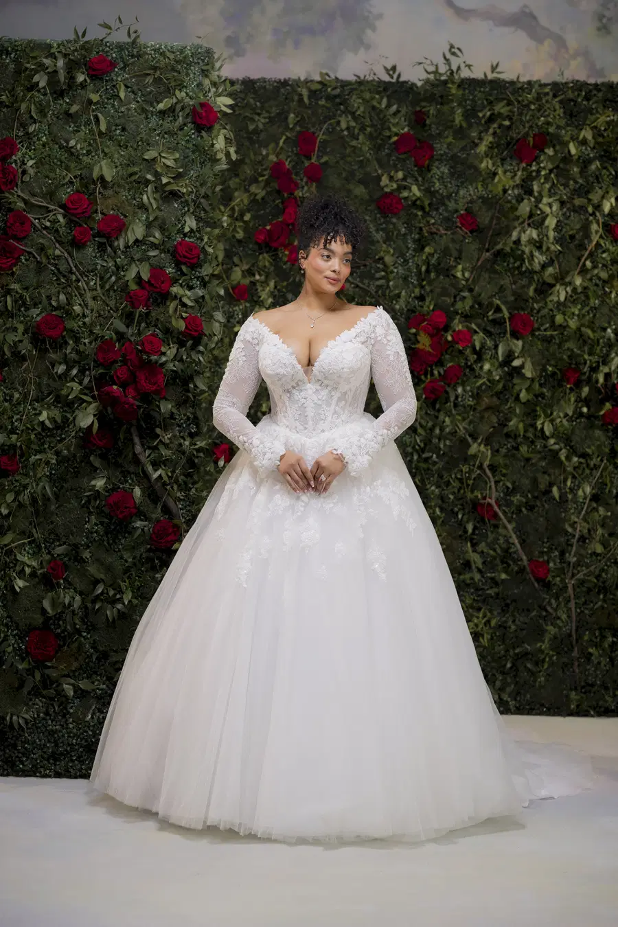 Torrance 1020025 by Mori Lee: Ball Gown silhouette, deep V-neck neckline, long sleeves, lace