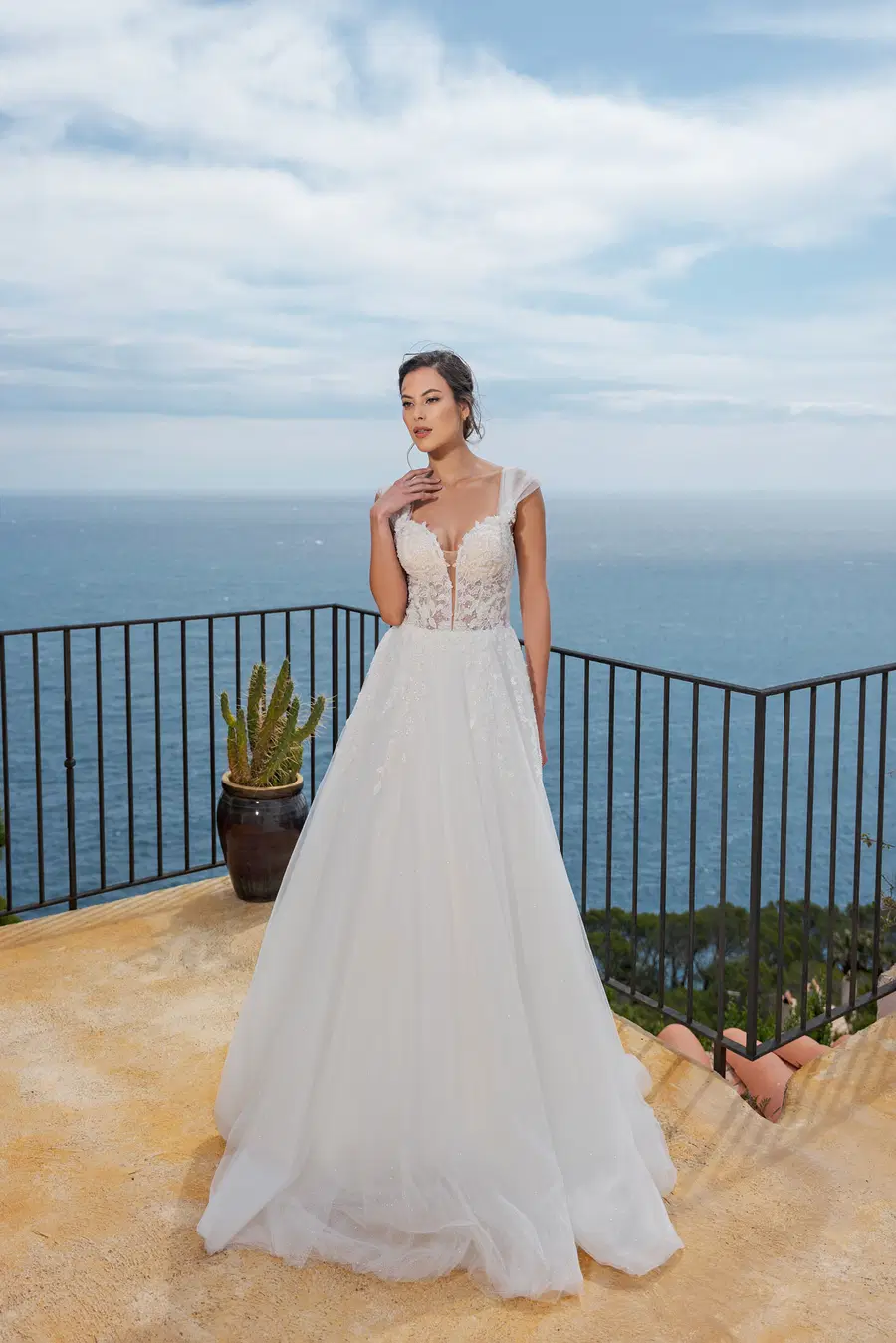 MGB132 by Miss Beautiful Bride: Ball Gown silhouette, deep V-neck neckline, cap sleeves, lace
