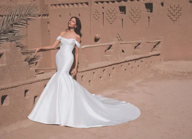 Tatum by Enzoani: Trumpet silhouette, scoop neckline, mikado, chapel train