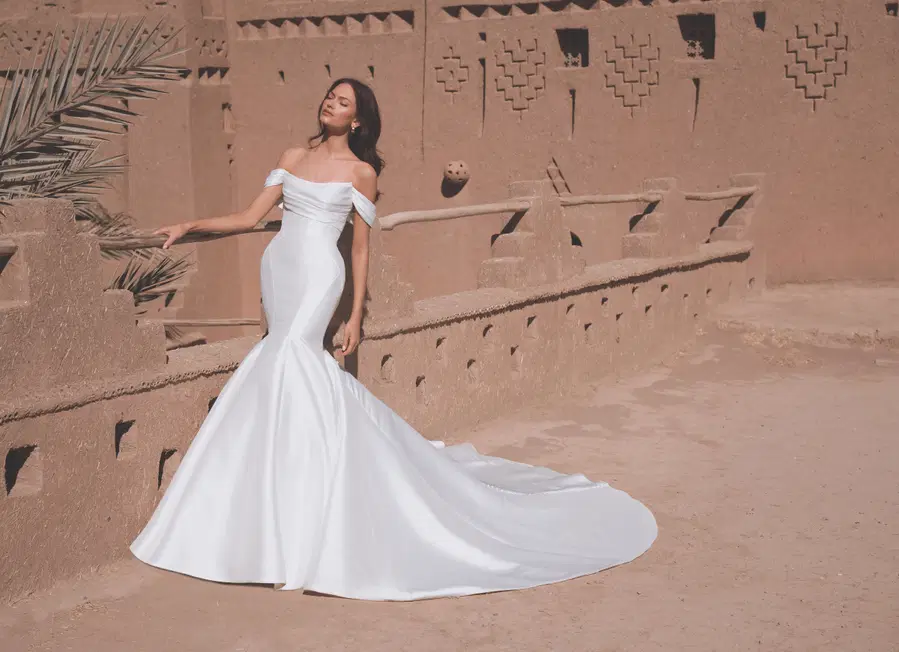 Tatum by Enzoani: Trumpet silhouette, scoop neckline, mikado, chapel train
