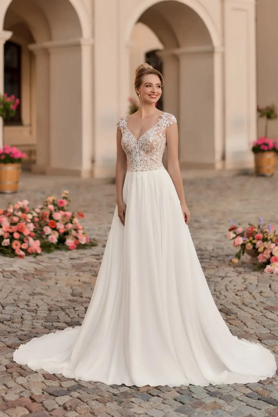 1179 by Angela Bianca: A-Line silhouette, V-neck neckline, cap sleeves, lace