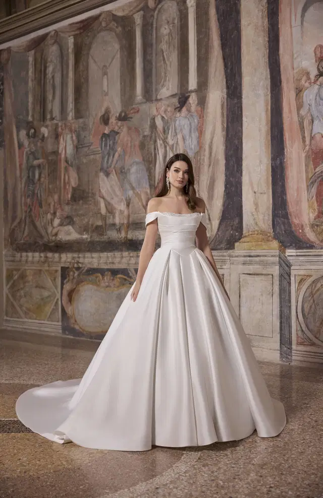 Africa 63313 by Veni Infantino: Ball Gown silhouette, off-shoulder neckline, sleeveless, satin