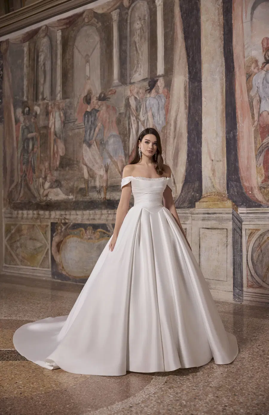 Africa 63313 by Veni Infantino: Ball Gown silhouette, off-shoulder neckline, sleeveless, satin