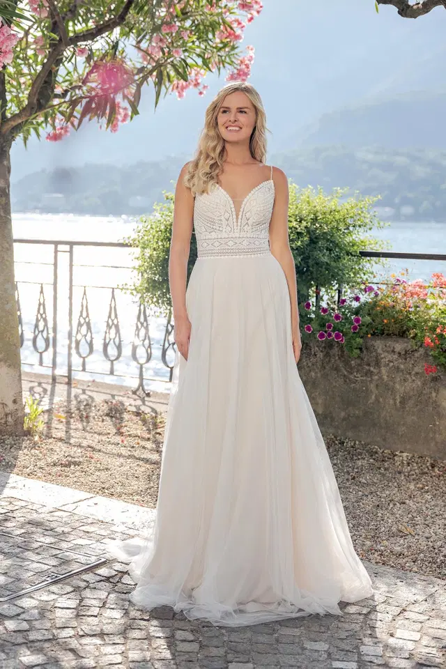 VN05 ivory/rumpink by Vera Nova: A-Line silhouette, deep V-neck neckline, sleeveless, tulle