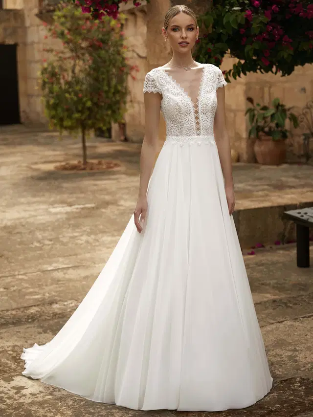TERESA by Bianco Evento: A-Line silhouette, deep V-neck neckline, cap sleeves, lace