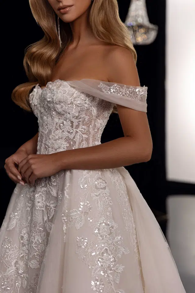 Valentina by Tina Valerdi: Ball Gown silhouette, off-shoulder neckline, sleeveless, lace