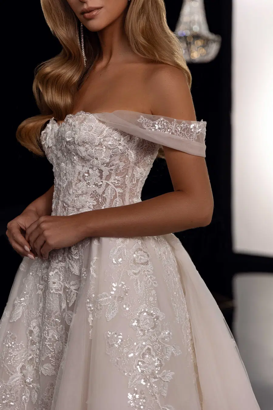 Valentina by Tina Valerdi: Ball Gown silhouette, off-shoulder neckline, sleeveless, lace