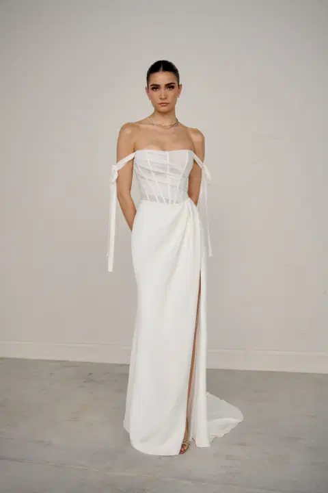 Cadenza wedding dress by Justin Alexander Signature, fit & flare, crepe