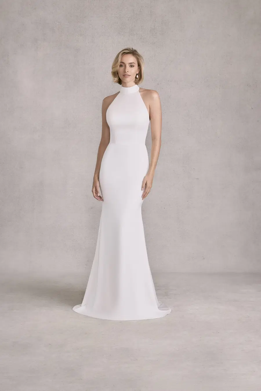 Sandie by Mori Lee: Fit & Flare silhouette, high / halter neckline, sleeveless, crepe