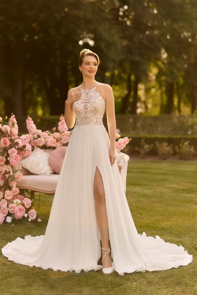 1182 by Angela Bianca: A-Line silhouette, high / halter neckline, sleeveless, lace