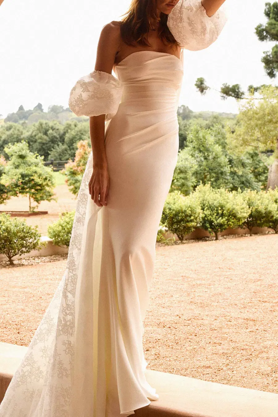 Sawyer by MWL Bride: Trumpet silhouette, straight neckline, short sleeves, satin