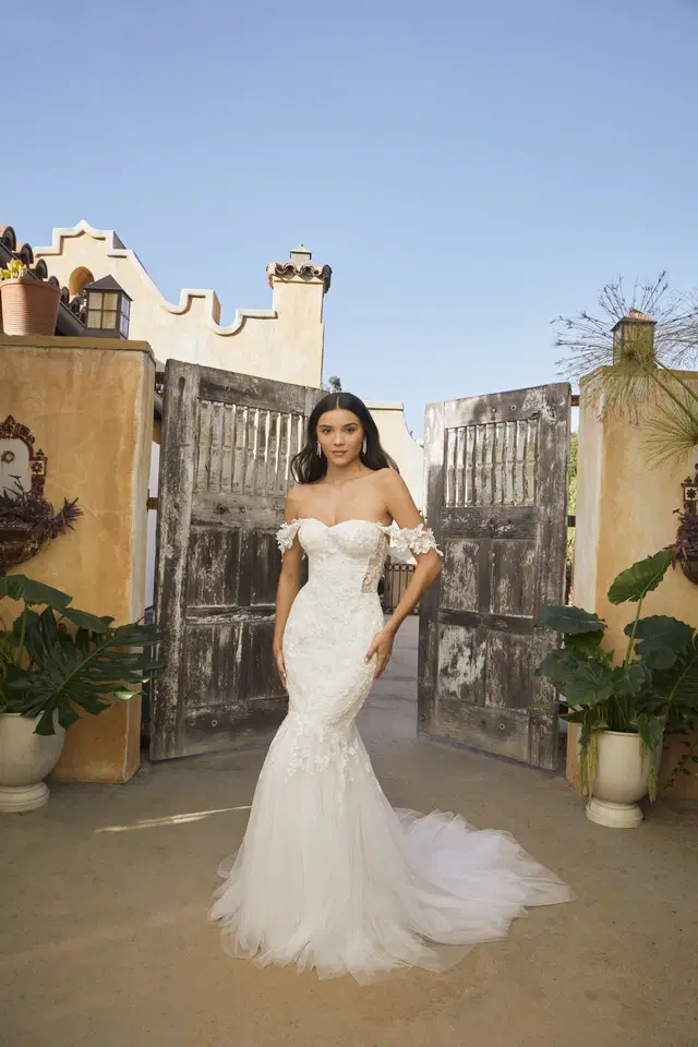 Eve by Beloved by Casablanca: Mermaid silhouette, sweetheart neckline, short sleeves, lace