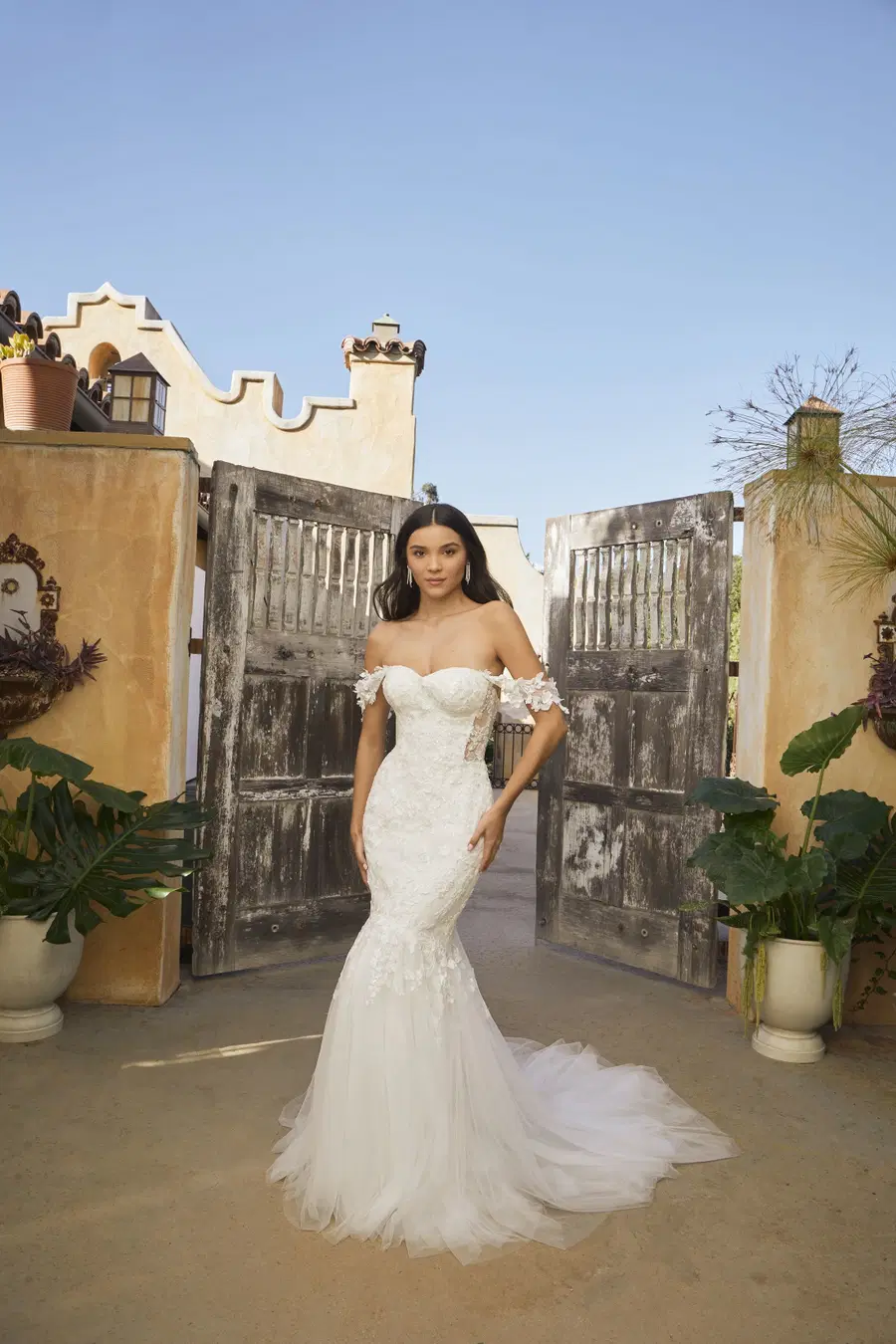 Eve by Beloved by Casablanca: Mermaid silhouette, sweetheart neckline, short sleeves, lace