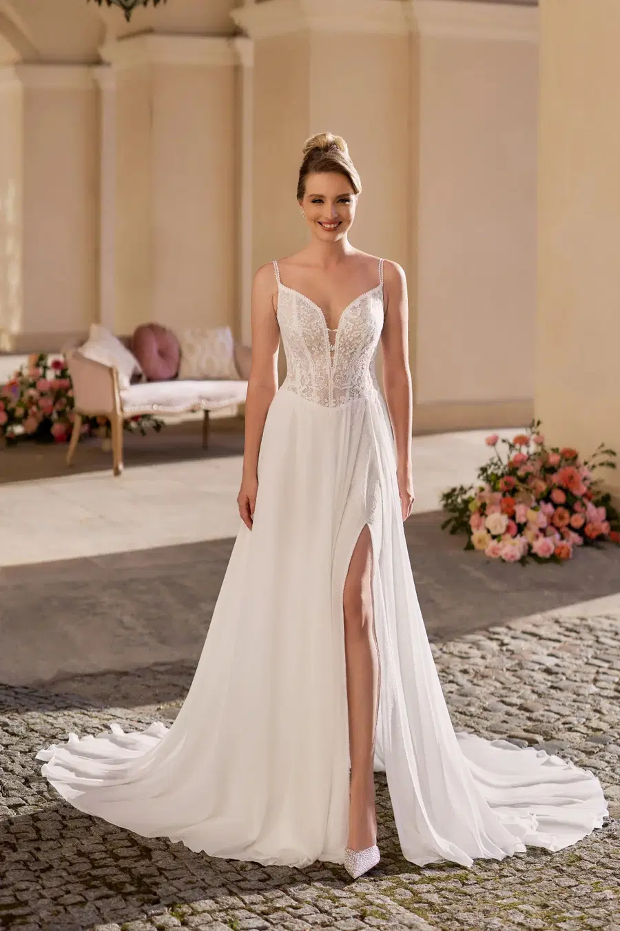1166 by Angela Bianca: A-Line silhouette, deep V-neck neckline, lace