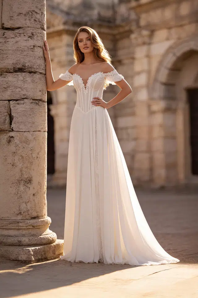 6504 by Daniela Di Marino: A-Line silhouette, off-shoulder neckline, chiffon