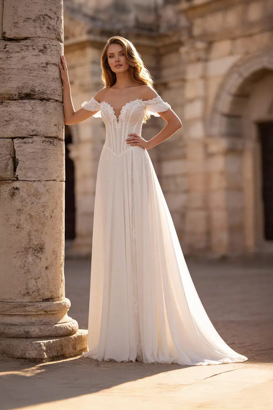 6504 by Daniela Di Marino: A-Line silhouette, off-shoulder neckline, chiffon