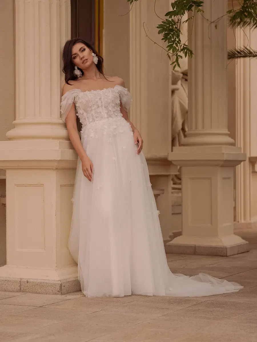TO-2059T by Agnes: A-Line silhouette, off-shoulder neckline, short sleeves, tulle