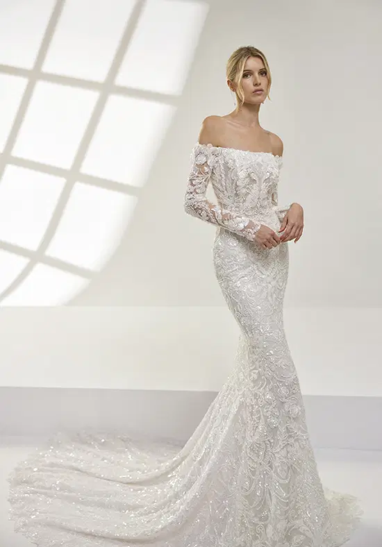 Adria by Luna Novias: Mermaid silhouette, off-shoulder neckline, long sleeves, embroidery