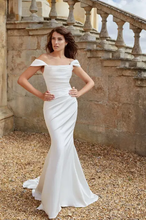 Demure wedding dress by Dando London, straight, satin