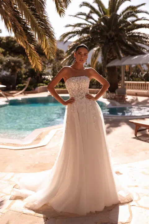 Style 8276 wedding dress by Demetrios, straight, lace