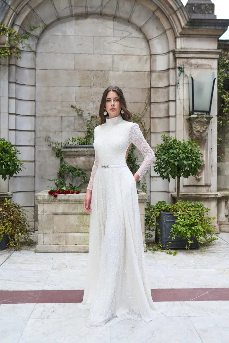 Harlow by Eliza Jane Howell: A-Line silhouette, high / halter neckline, long sleeves, tulle
