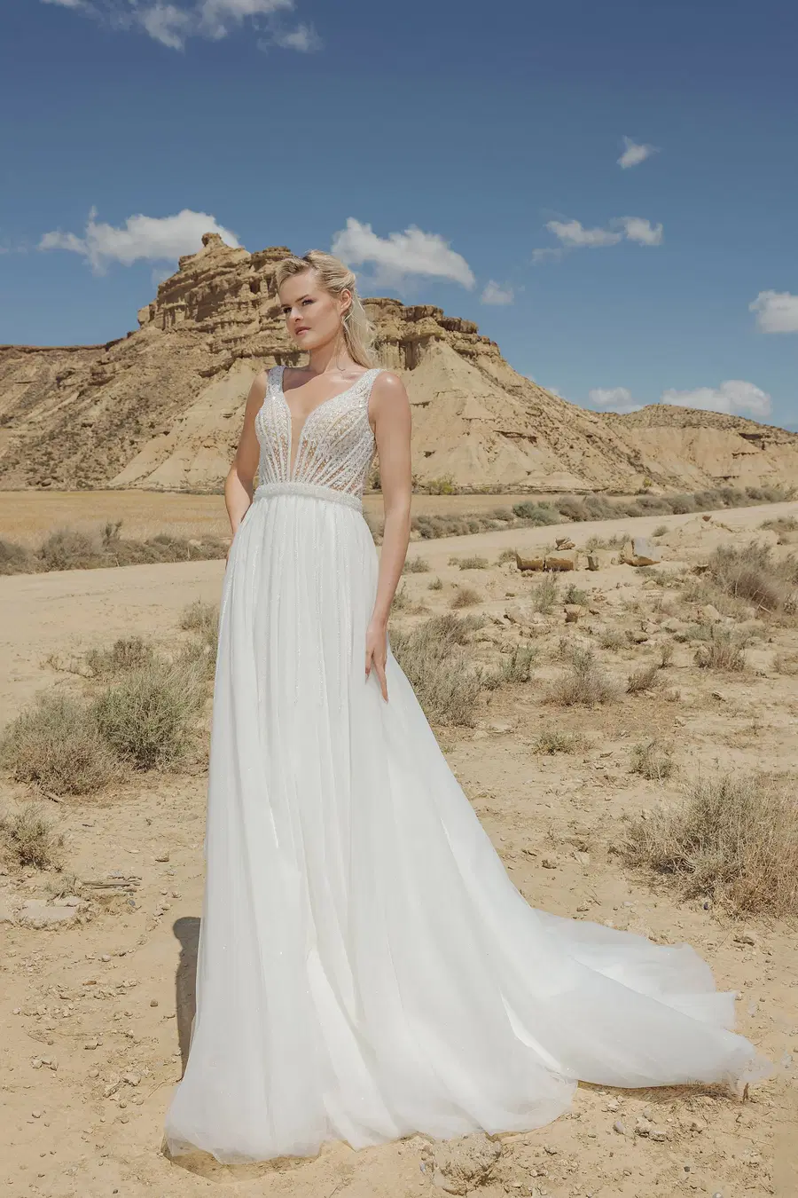 DT109 by Duett: A-Line silhouette, deep V-neck neckline, sleeveless, tulle