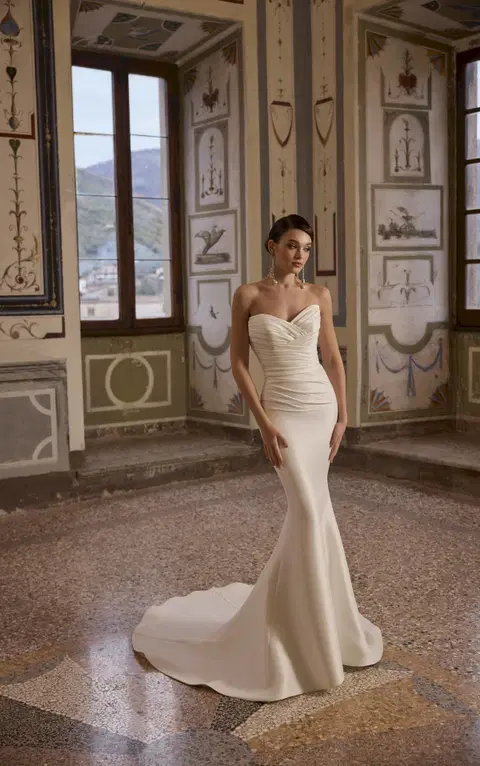 Ansley 63359 wedding dress by Veni Infantino, trumpet, satin