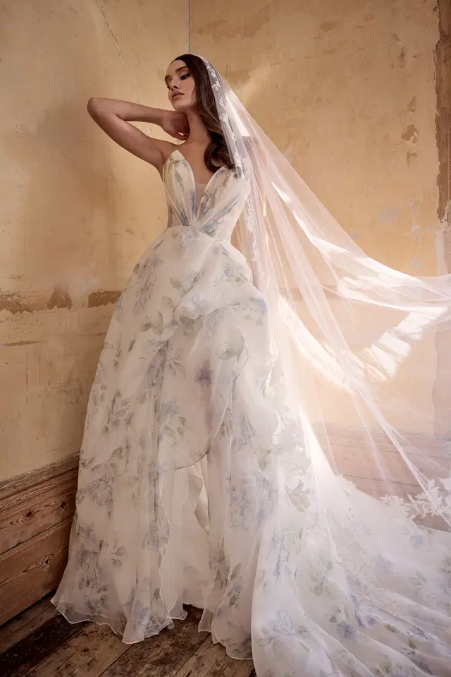 Danbury by Josephine Scott: Ball Gown silhouette, deep V-neck neckline, sleeveless, organza