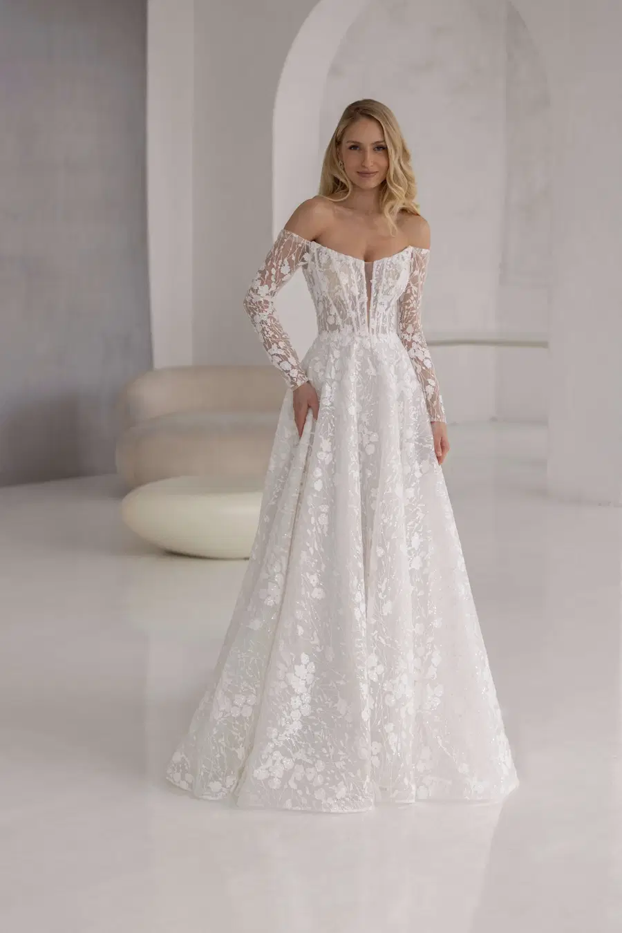Libra by Jarice: A-Line silhouette, sweetheart neckline, long sleeves, lace
