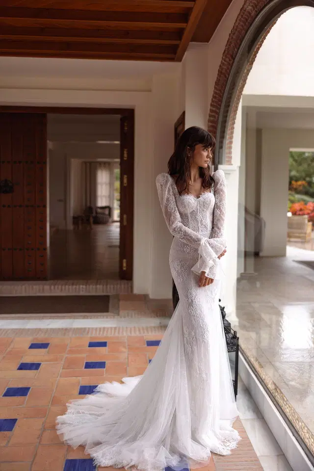 Vionne by Tina Valerdi: Mermaid silhouette, sweetheart neckline, long sleeves, lace