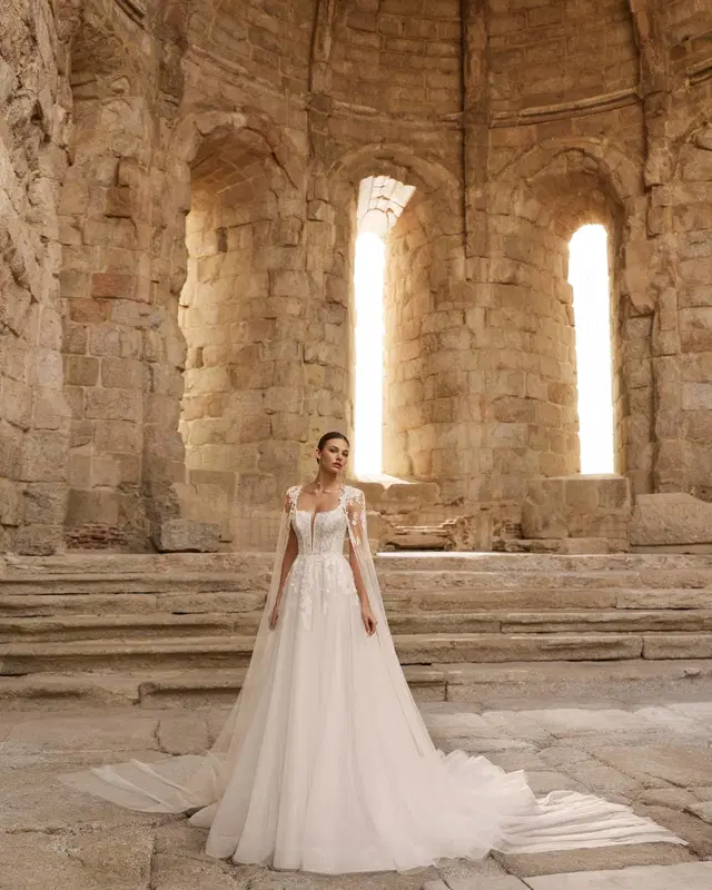PETALO by Adriana Alier: A-Line silhouette, deep V-neck neckline, sleeveless, tulle