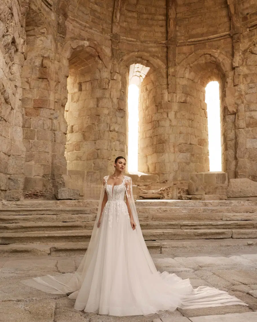 PETALO by Adriana Alier: A-Line silhouette, deep V-neck neckline, sleeveless, tulle