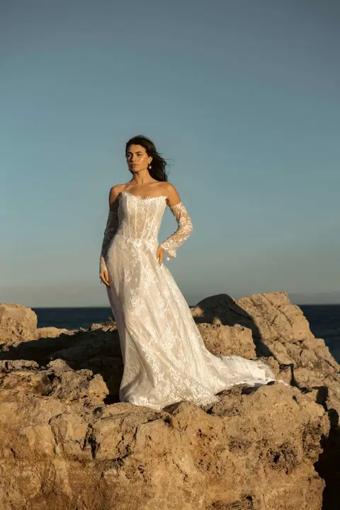 Dimitra wedding dress by Amo & Luv, trumpet, lace