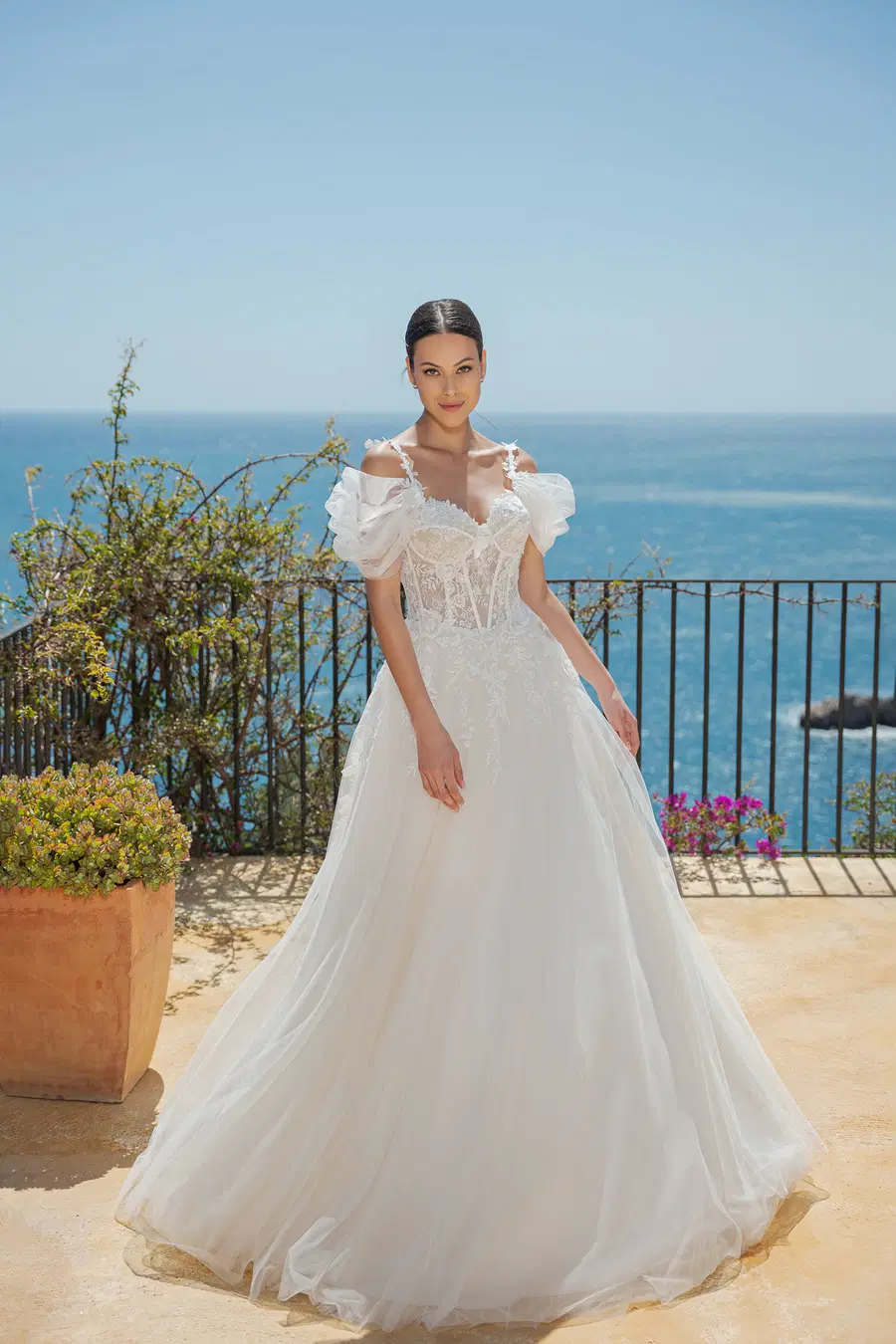 MGB139 by Miss Beautiful Bride: Ball Gown silhouette, sweetheart neckline, puff sleeves, lace