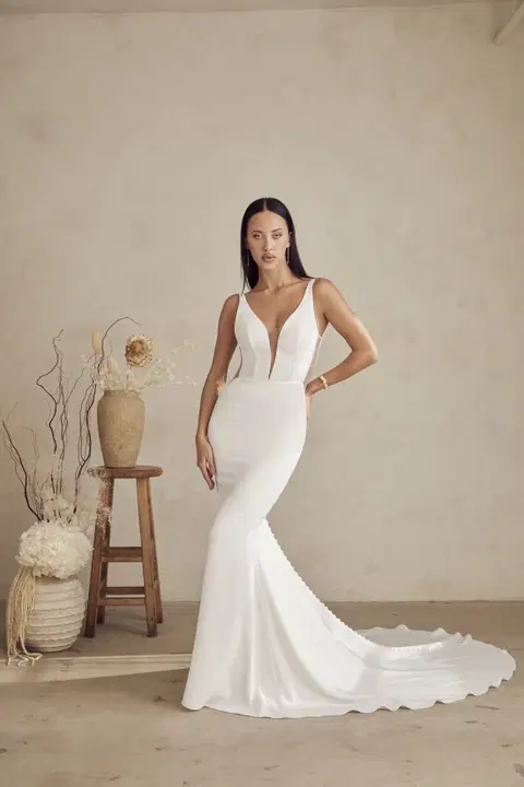 Amal wedding dress by Casablanca Bridal, fit & flare, satin