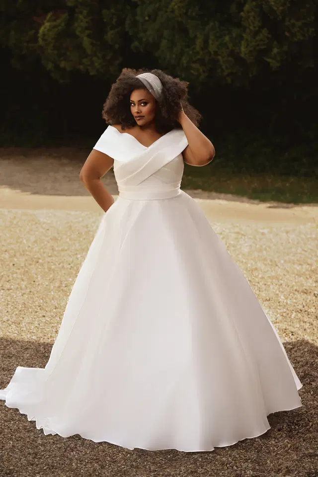 PH7035 by Envy by Phoenix: Ball Gown silhouette, off-shoulder neckline, mikado, chapel train