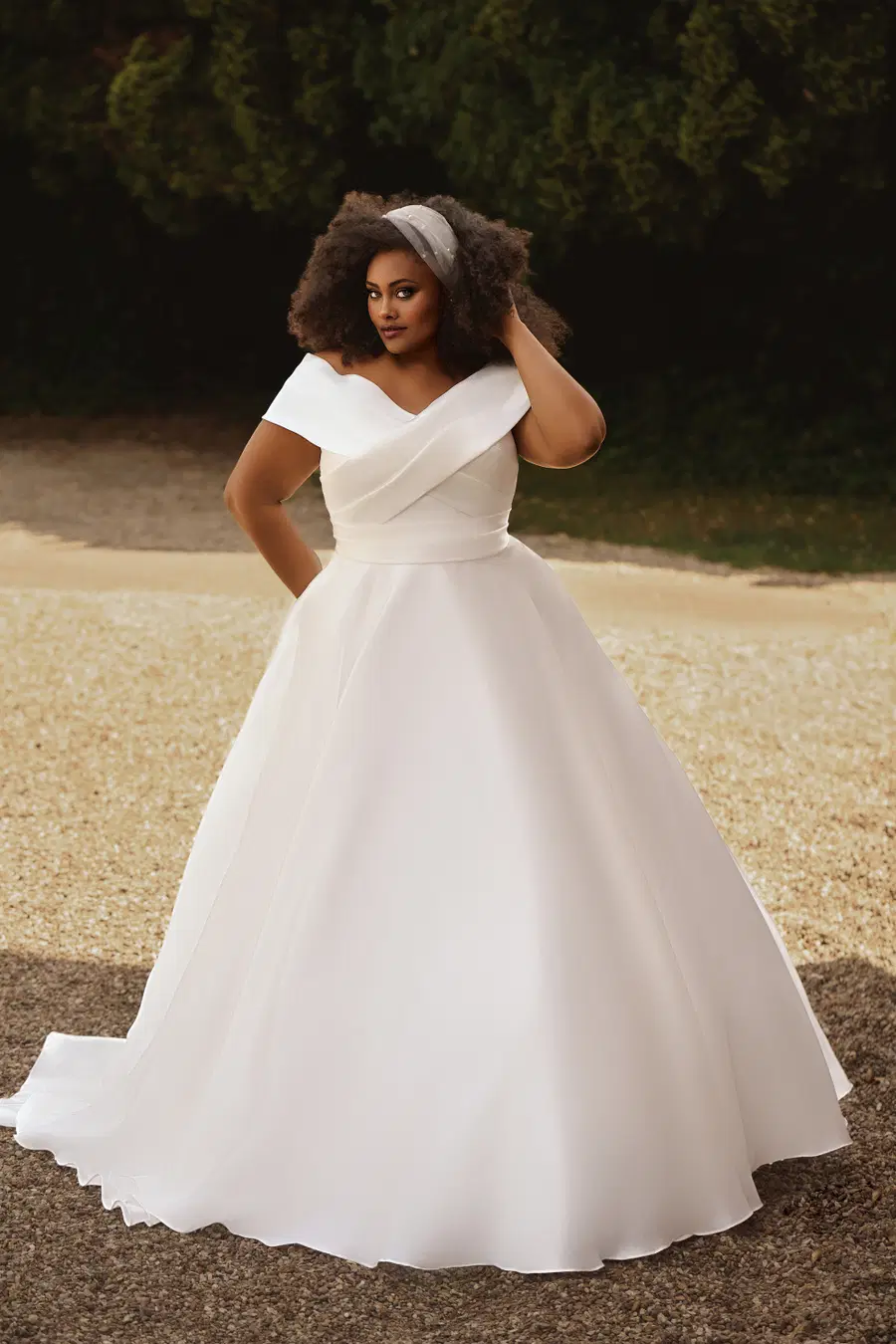 PH7035 by Envy by Phoenix: Ball Gown silhouette, off-shoulder neckline, mikado, chapel train