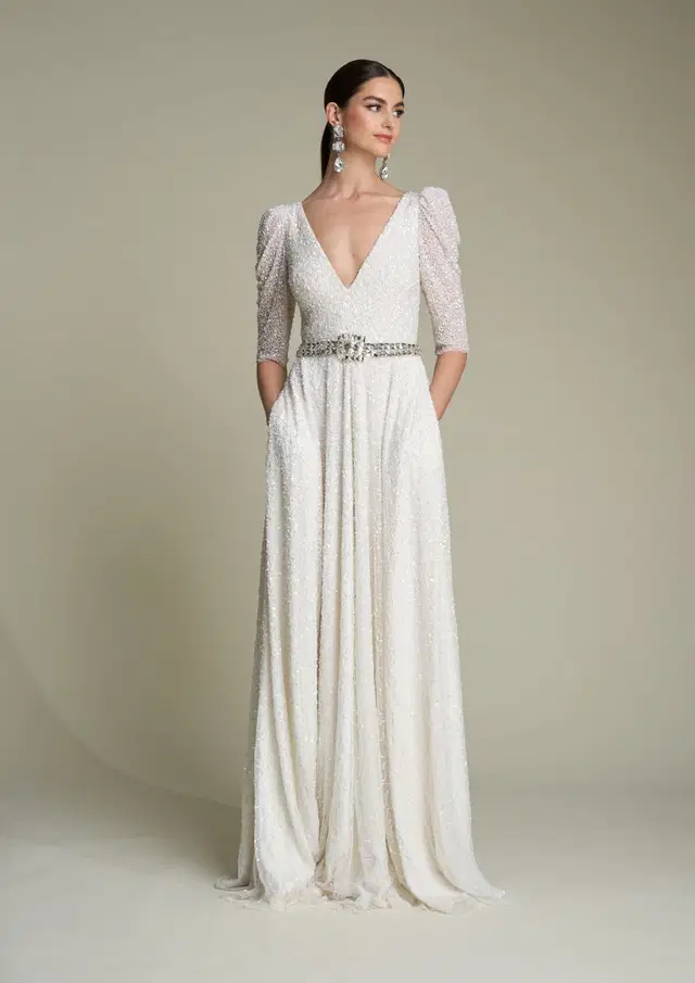 Ira by Eliza Jane Howell: A-Line silhouette, V-neck neckline, short sleeves, tulle
